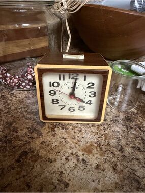 Timex Brown and Cream Retro Square Alarm Clock with Red Second Hand